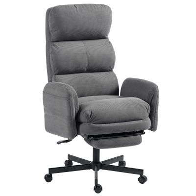 HOMCOM Cadeira de Escritório Ergonómica, Braços Rebatíveis, Apoio de Cabeça Ajustável, Cadeira Reclinável em Veludo Cotelê, Cinza
