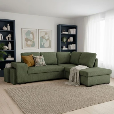 Canapé d'angle convertible réversible - 4/5 places - MITCHELL - Tissu velours côtelé Kaki - Coffre, Poufs - 247 x 205 x 91 cm