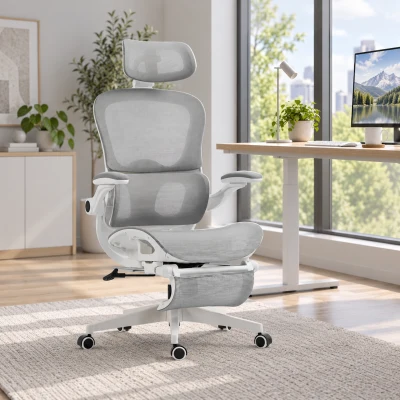 HOMCOM Cadeira de Escritório Ergonômica Reclinável em Malha, Suporte Lombar, Encosto de Cabeça, Apoios de Braço Eleváveis, 62x66x126cm, Cinza