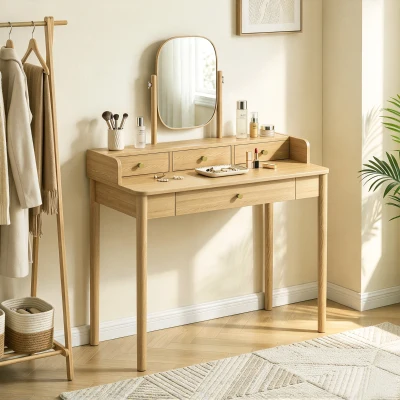 HOMCOM Tocador con espejo giratorio, tocador de madera de pino con 4 cajones, superficie de almacenamiento para dormitorio, roble