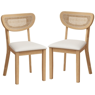 HOMCOM Lote de 2 Sillas de Comedor, Sillas de Cocina Tapizadas en Lino, Respaldo Efecto Ratán y Patas de Hevea, Beige