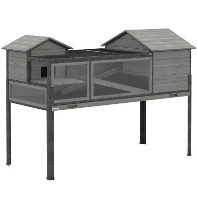 PawHut Casa para tortugas de madera de 2 niveles, recinto para tortugas con 2 viviendas principales, ventanas acrílicas, techo abatible, bandeja extraíble Gris