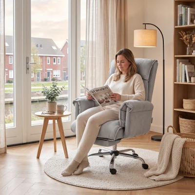 HOMCOM Bureaustoel met voetensteun, verstelbare rugleuning, hoge rugleuning en armleuningen, comfortabele thuiswerkstoel, grijs
