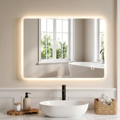 HOMCOM Espejo de Baño con Luz LED 60x80 cm, 3 Colores de Luz, Regulable, Antivaho, Interruptor Táctil, Memoria