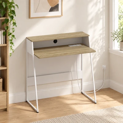HOMCOM Secretária de Computador, 90 x 50 cm, Secretária com Arrumação, Prateleira Aberta e Estrutura em Aço, Carvalho e Branco