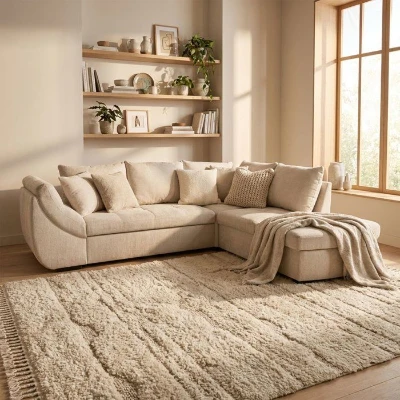 Canapé d'angle convertible réversible - 4 a 5 places - CALVIN - Tissu chenille Perle - Coffre - 257 x 214 x 88 cm