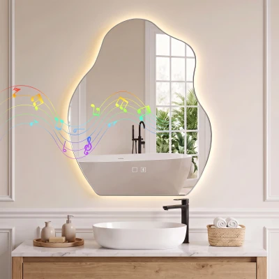 HOMCOM Espejo de Baño con Luces LED 3 Colores, Irregular, 80x60cm, Bluetooth, Antivaho, Interruptor Táctil
