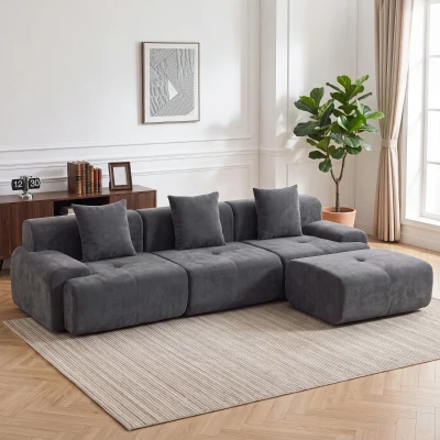 HOMCOM Canapea de colț modulară 3 locuri cu ottoman din chenilă, canapea comprimată 300 cm cu șezut adânc, 3 perne, gri