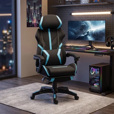 HOMCOM Ergonomischer Gaming-Stuhl, neigbarer Mesh-Gaming-Sessel mit verstellbarer Kopfstütze, Lendenstütze, Schwarz und Blau