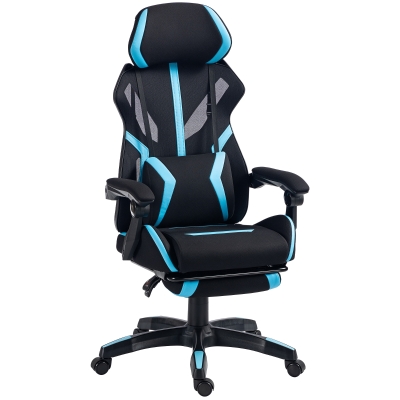 HOMCOM Silla Gaming Ergonómica, Sillón Gaming Reclinable en Malla con Reposacabezas Regulable, Soporte Lumbar, Negro y Azul