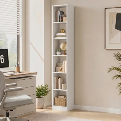 HOMCOM Estante Vertical de 6 Prateleiras para Sala Escritório Quarto, 29.5x23.5x184 cm, Efeito Madeira Branca