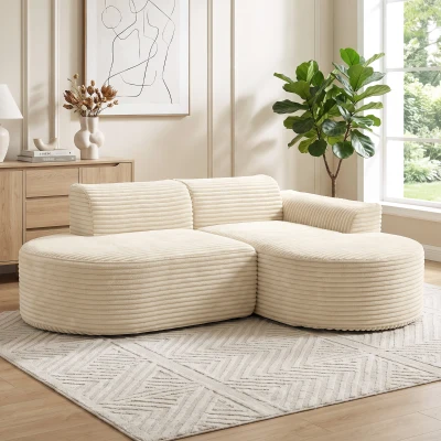 HOMCOM Ecksofa 3-Sitzer 205 cm Cordvelours, vakuumkomprimiertes geschwungenes L‑förmiges Sofa, tiefe Sitzfläche, Beige