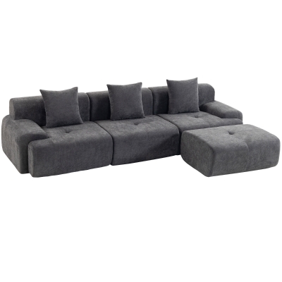 HOMCOM Canapea de colț modulară 3 locuri cu ottoman din chenilă, canapea comprimată 300 cm cu șezut adânc, 3 perne, gri