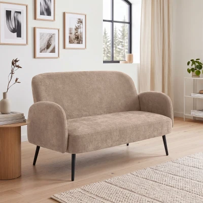 HOMCOM Sofá de 2 plazas 132 cm, pequeño sofá de terciopelo con asiento ancho, acolchado y patas metálicas, marrón