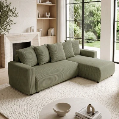 Canapé d'angle convertible réversible - 3 a 4 places - PHARELL 2 - velours côtelé - kaki - coffre de rangement - L233 x P159 x H89 c