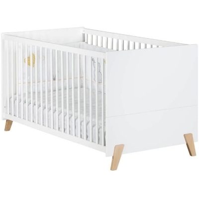 Lit évolutif - 140x70cm - Babyprice Joy Naturel - Blanc sur pieds en bois naturel
