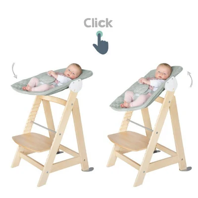 Chaise haute évolutive 2-en-1 - ROBA - BORN UP - Transat inclinable vert givré 'Roba Style' inclus - Bois naturel