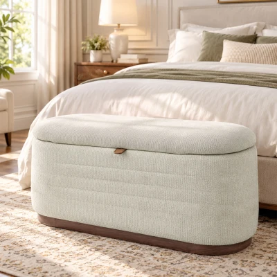 HOMCOM Banc de depozitare oval modern din țesătură chenille, cufăr la capătul patului, suport 220 kg, 91 x 40,5 x 45 cm, Bej