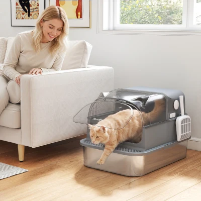 PawHut Caixa de Areia Aço Inoxidável com Tampa Removível XL 92L para Gatos Grandes 3 em 1 com Pá Bordas Altas