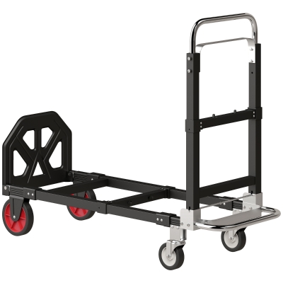 HOMCOM Carretilla Plegable 2 en 1 Extensible 220KG Plegado Plano Carro Plataforma Acero Mango Ajustable Ruedas 360° 112x41x92cm Negro