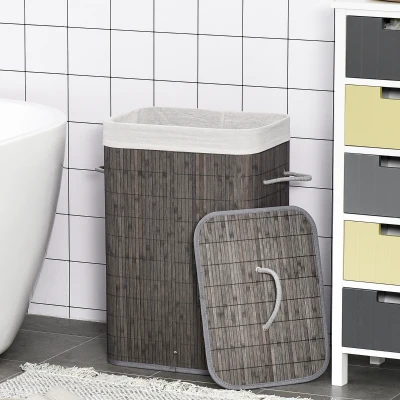 HOMCOM Cesto para Roupa em Bambu com Tampa e Alças, Saco Removível, para Quarto e Banheiro, Cinza
