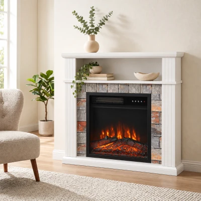 HOMCOM Șemineu Electric Decorativ 1800W cu Poliță, Efect Flăcări 5 Niveluri, Termostat, Temporizator, Telecomandă, Alb