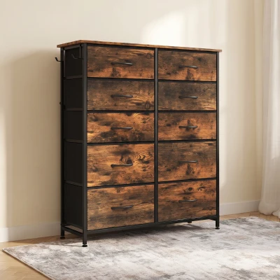 HOMCOM Cómoda 10 Cajones de Tela Plegables, Cómoda Dormitorio Adulto con Bolsillos Laterales y 2 Ganchos, Marrón Rústico