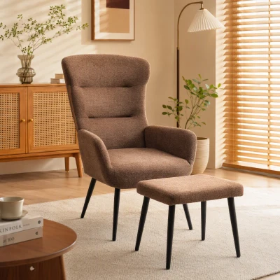 HOMCOM Relax-Sessel mit Pouf im Leinenoptik-Stoff, breite und hohe Rückenlehne, zum Lesen, Wohnzimmer, Braun