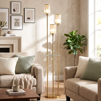 HOMCOM Candeeiro com Prateleira em Vidro 3 Luzes Luminária de Pé Cúpulas de Cristal Dourado