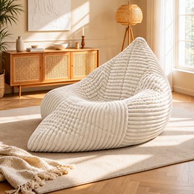 3-in-1 Convertible Bean Bag with Soft Ribbed Corduroy Cover, 180L x 125W cm, White