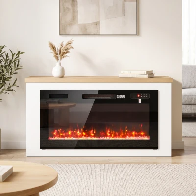 HOMCOM Meuble TV 114cm Blanc Cheminée Électrique 12 Couleurs