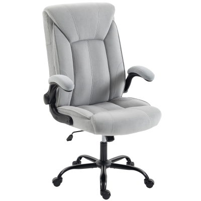 HOMCOM Scaun de birou ergonomic din țesătură flanelă, înălțime reglabilă, balans, cotiere rabatabile, 66x77x122cm, gri deschis