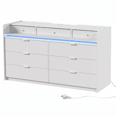 HOMCOM Commode 9 Tiroirs LED Station Charge 148x45x82cm Blanc