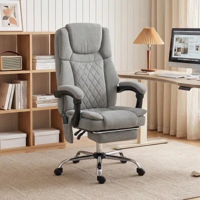 HOMCOM Fotoliu birou cu masaj vibrant și încălzire, scaun ergonomic din catifea imprimată, spătar înclinabil, gri