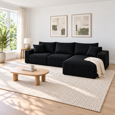 Modular L-Shaped Sectional Sofa with Deep Seat, 257L x 160W x 80H cm, Black