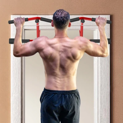 SPORTNOW Bară de Tracțiuni pentru Ușă și Flotări, Fără Găurire, Pull Up Bar 2 în 1, 150 kg, Siguranță Anti-Răsturnare, 96x46x30,5cm, Roșu