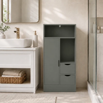 HOMCOM Mobilier pentru baie, corp de depozitare îngust cu 2 sertare, compartimente deschise, 50x25x100cm, verde deschis