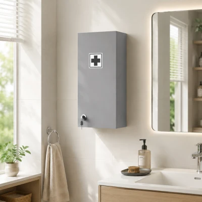kleankin Armario de farmacia mural con cerradura, 5 estantes y baldas regulables, madera y vidrio, gris, 30x20x70cm