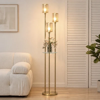 HOMCOM Lampă de podea cu raft și 3 abajururi din sticlă, lampă de podea cu masă din sticlă, 177 cm, auriu