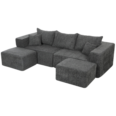 HOMCOM Modulares U-Sofa 3-Sitzer mit 2 Ottomanen, Seitentaschen, Chenille-Sofa mit breiter Sitzfläche, montagefrei, Grau