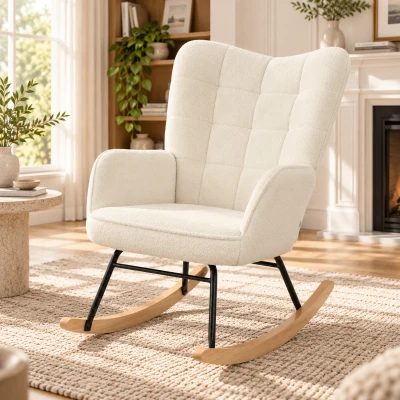 HOMCOM Fauteuil à bascule rocking chair revêtement effet laine bouclée, structure en acier 71 x 98 x 101 cm blanc