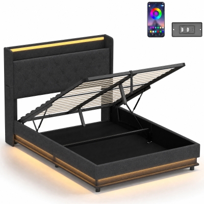 HOMCOM Double Bed Frame Hydraulic Storage LED Charging Black