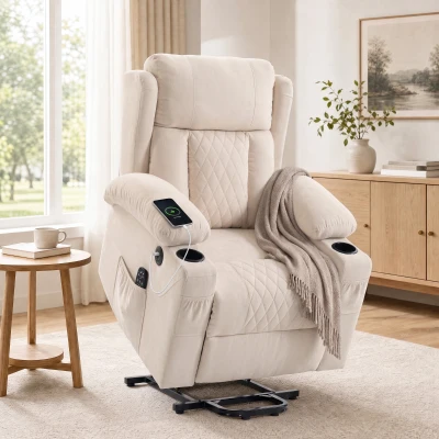 HOMCOM Sillón Relax Reclinable Eléctrico Levanta Personas con 8 Puntos Masaje y Calor Lumbar Puerto USB Mando Reposapiés Crema