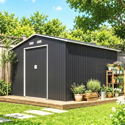 Outsunny Abri de Jardin 8,3m² Acier Gris Porte Coulissante Ventilé