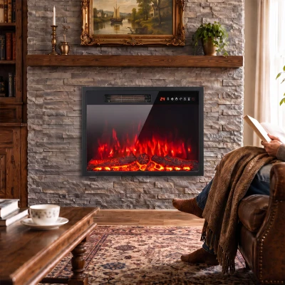 HOMCOM Electric Fireplace Insert Adjustable Flame Timer Black