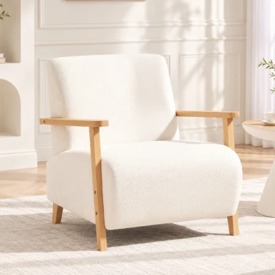 HOMCOM Sillón Nórdico de Borreguito Acolchado Grueso y Patas de Madera Asiento Amplio para Salón Dormitorio 74,5x76x78 cm Crema