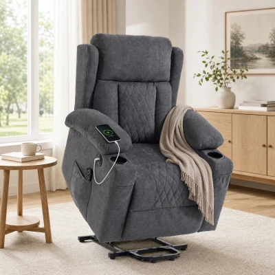HOMCOM Poltrona Relax Elétrica Elevatória com 8 Pontos de Massagem e Calor Lombar, USB, Comando e Apoio para Pés, Cinzento