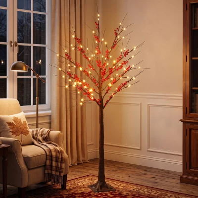 HOMCOM Árbol de Abedul Artificial 150 cm con 96 Luces LED Blanco Cálido Bayas Rojas Temporizador y 12 Ramas Flexibles Marrón