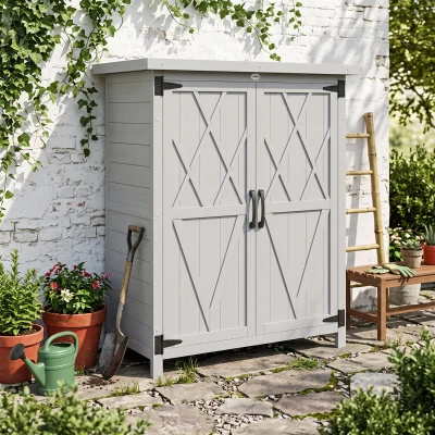 Outsunny Armoire de Jardin Bois Massif 3 Étagères Gris 75x40x90 cm