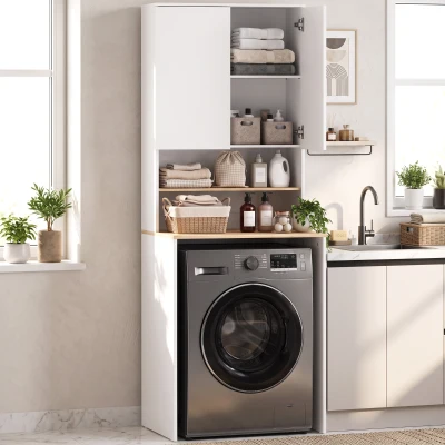 HOMCOM Armário para máquina de lavar com prateleira ajustável, armário sobre a máquina com 2 portas em Branco e Carvalho